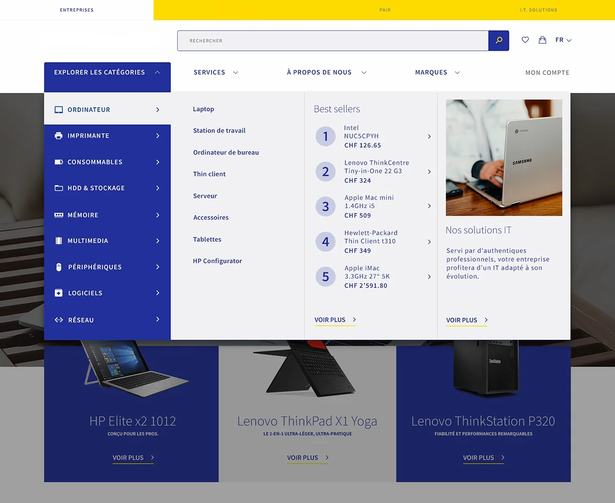 Mega menu open: categories, best sellers and IT solutions